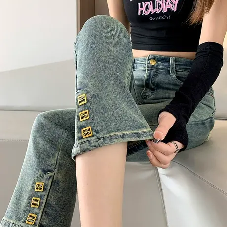 冷茶色九分烟管牛仔裤女2024春秋季高腰显瘦小个子大码窄版直筒裤商品大图