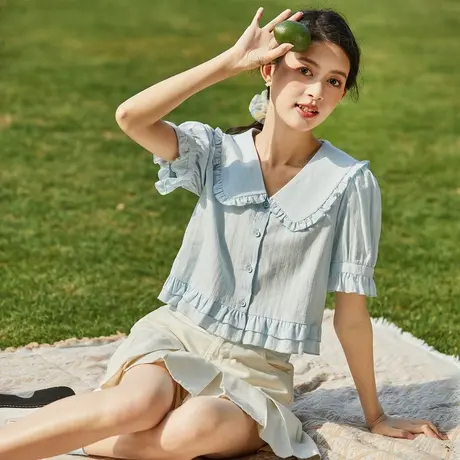 唐狮短袖衬衫夏季女白色娃娃领泡泡袖衬衣甜美韩系polo领上衣图片