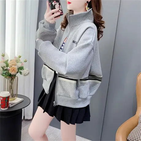 设计感休闲拉链开衫外套女春秋2023新款宽松洋气立领长袖短款上衣图片