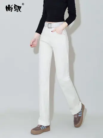 尚驭杏色弹力牛仔直筒裤2024年春季新款时尚简约拖地裤百搭阔腿裤商品大图