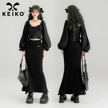 KEIKO 黑色鱼尾半身裙2024春夏性感辣妹高腰显瘦松紧腰包臀长裙子商品大图