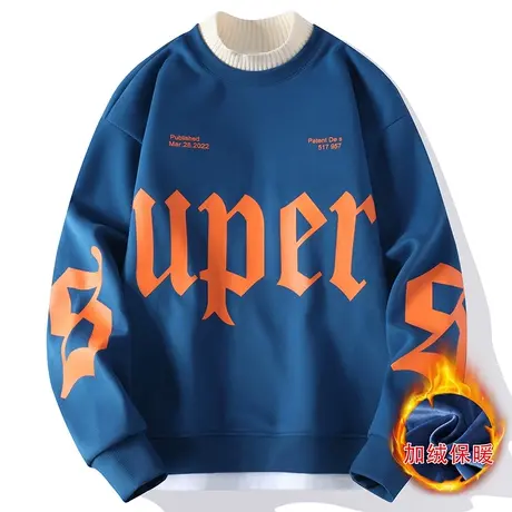 加绒加厚卫衣男士秋冬装假两件宽松外套半高领青少年学生长袖T恤商品大图