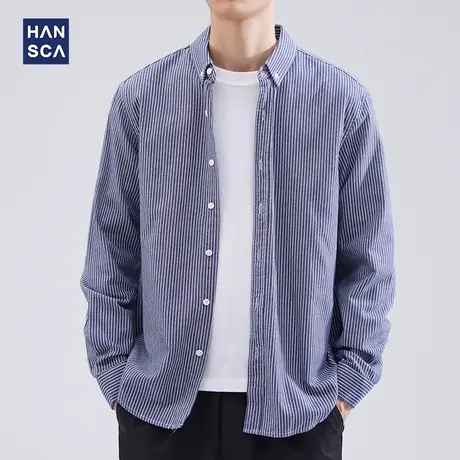 hansca秋季新款条纹衬衫男长袖青少年纯棉翻领休闲日系衬衣外套潮商品大图