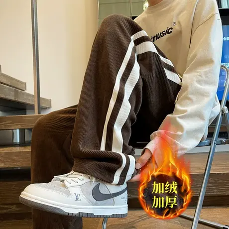 秋冬加绒灯芯绒裤子男高街潮运动百搭加厚直筒裤宽松潮牌休闲长裤商品大图