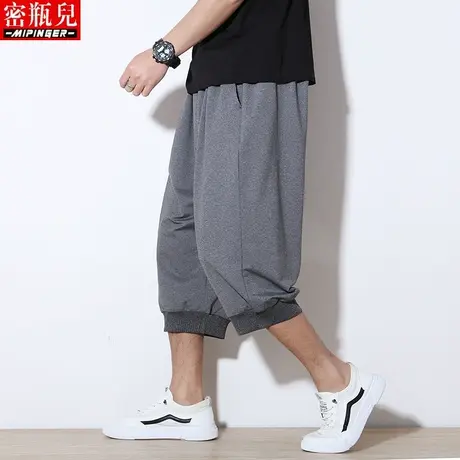 密瓶儿灰色七分裤男宽松夏季男士大码加肥加大休闲运动中裤短裤男商品大图