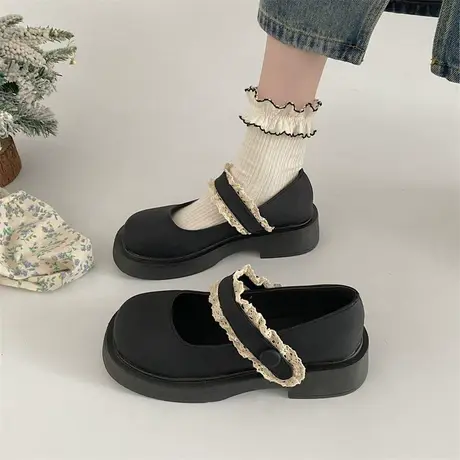 百搭玛丽珍鞋女2024年春秋季新款蕾丝浅口单鞋配裙子jk粗跟小皮鞋商品大图