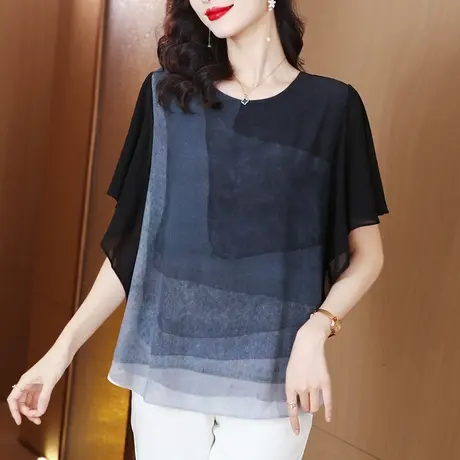 雪纺衫短袖女夏季新款宽松加大码女装胖mm印花圆领遮肚子显瘦上衣图片