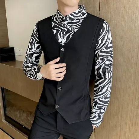 美发型师潮牌马甲衬衫假两件长袖男士秋季韩版水波纹印花痞帅衬衣商品大图