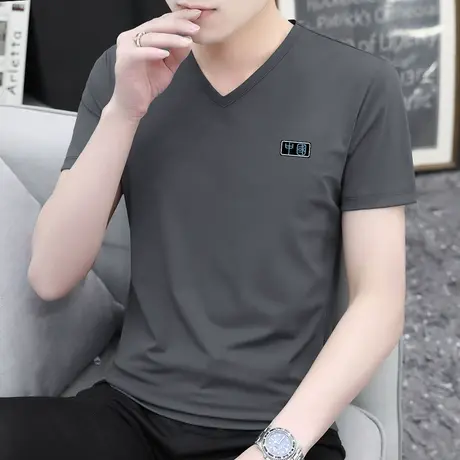 莫代尔短袖t恤男装V领夏季薄款中国潮流冰丝冰感上衣服体恤半袖男商品大图