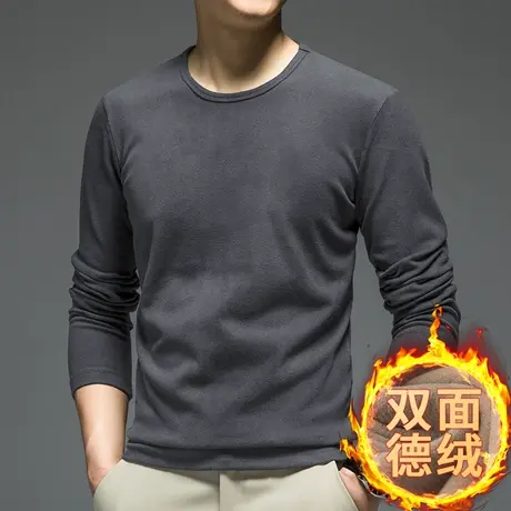 德绒打底衫男士长袖t恤2023新款秋冬加绒保暖双面绒圆领秋衣小衫商品大图
