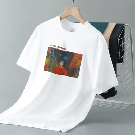 重磅美式纯棉短袖t恤男装夏季潮牌白色上衣服宽松全棉打底衫体恤商品大图