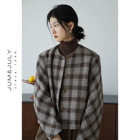 嘉茱莉2023秋新款格纹撞色小香风外套女短款宽松上衣小个子短外套商品大图