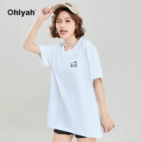 Ohlyah品牌 白色短袖t恤女宽松纯棉打底衫2023年夏装圆领内搭上衣商品大图