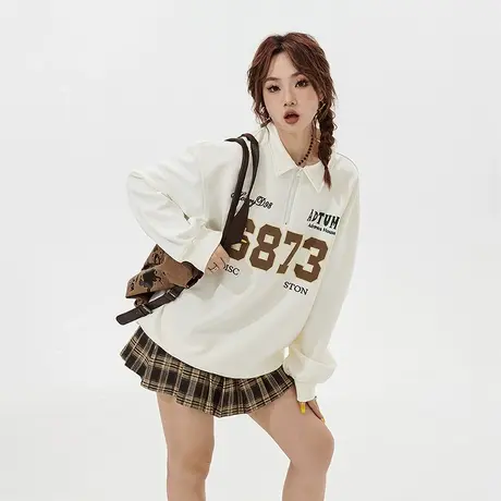 YEP美式复古无帽卫衣女春秋2023年新款ins潮牌POLO衫宽松长袖上衣商品大图