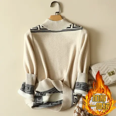 秋冬加绒毛衣女加厚一体绒内搭宽松半高领套头打底针织衫保暖上衣商品大图