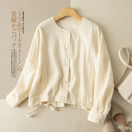 享永子长袖全棉T恤女镂空文艺复古宽松休闲百搭上衣2023秋季新款图片