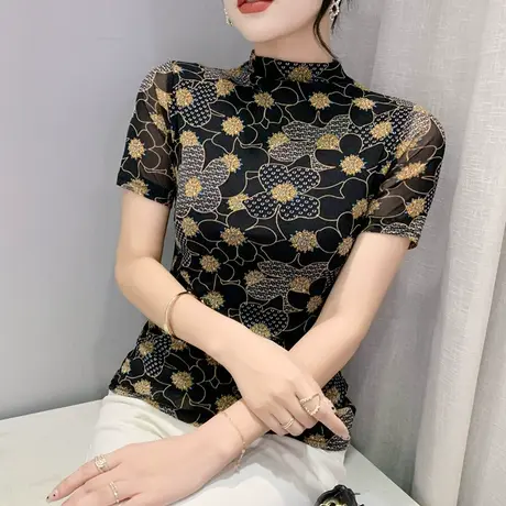 欧货网纱漂亮T恤女短袖洋气半高领打底小衫修身气质上衣设计感ins商品大图