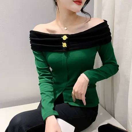 性感一字领打底衫女长袖秋冬设计感小众分叉上衣修身气质露肩T恤商品大图