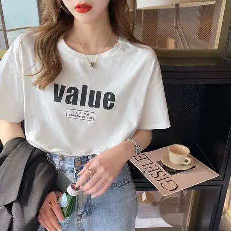 白色短袖t恤女夏季2023年新款小众圆领半袖纯棉宽松体恤上衣ins潮图片