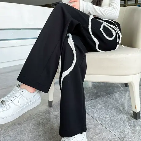 黑色阔腿运动裤女2023年春秋新款高腰宽松小众立体扎花休闲直筒裤图片