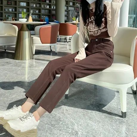 咖啡色直筒牛仔裤女2023年春秋新款高腰宽松显瘦百搭九分烟管裤潮商品大图