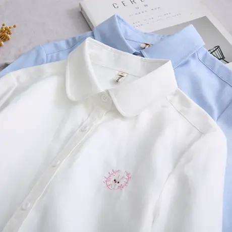 2019春新款日系小清新刺绣花牛津纺白衬衫女长袖学生百搭打底上衣图片