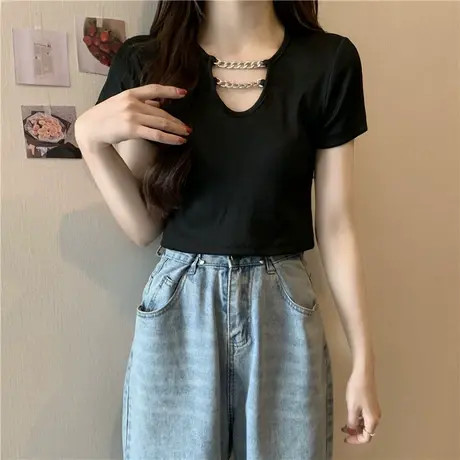 辣妹黑色短袖露脐高腰t恤女夏修身显瘦百搭短款上衣设计感小众白商品大图