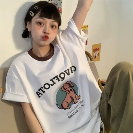 红续卡通小狗印花纯棉宽松短袖T恤女vintage夏季ins港风复古上衣图片