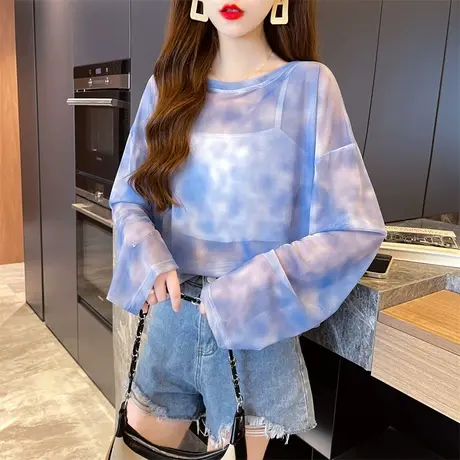 夏季女装扎染长袖t恤宽松薄款网纱防晒衣设计感小众罩衫打底上衣商品大图