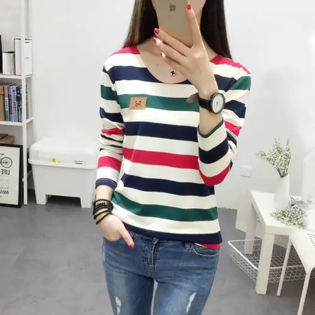 条纹打底衫长袖t恤女装2017秋装新款韩范港风上衣服春秋小心机潮图片