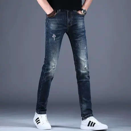 男士水洗破洞牛仔裤男秋款男款2023新款弹力高端潮牌裤子修身小脚商品大图