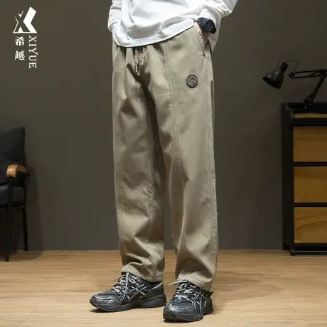 希越卡其色纯棉休闲裤男秋季加绒直筒长裤宽松大码胖子270斤男裤商品大图