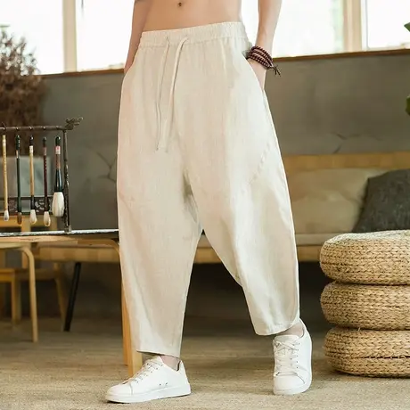100%纯亚麻裤子男中国风宽松大码哈伦裤夏季复古阔腿休闲裤九分裤图片