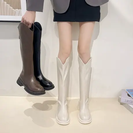 厚底长筒靴女2023年新款秋冬季不过膝长靴大筒围小个子瘦瘦骑士靴图片