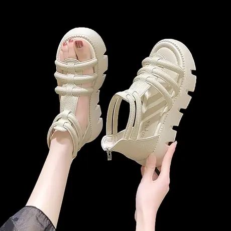 编织厚底罗马凉鞋女2023春夏季新款平底鱼嘴松糕凉靴休闲镂空靴子图片