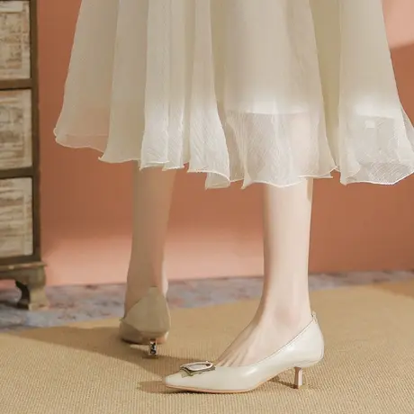 杏色高跟鞋女细跟2023年春季新款法式小众尖头浅口单鞋仙女礼仪鞋图片