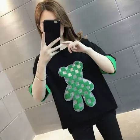大码女装小熊短袖t恤女胖mm夏季新款拼接撞色宽松遮肚子上衣200斤商品大图