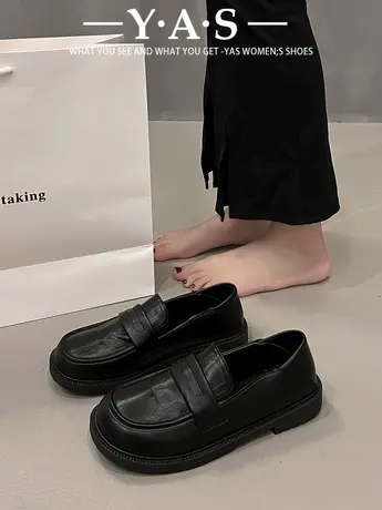 黑色软底软皮小皮鞋女2024新款春秋百搭英伦风日系jk一脚蹬乐福鞋商品大图