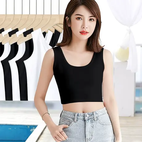 螺纹双u领超短款背心女夏季露脐吊带内搭可外穿运动打底无袖上衣图片