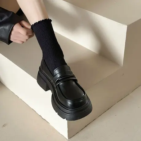 厚底粗跟英伦风小皮鞋女2024新款春秋季一脚蹬女鞋单鞋黑色乐福鞋商品大图