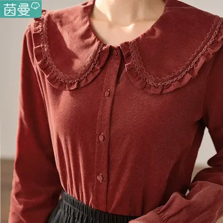 茵曼灯芯绒衬衫女装长袖娃娃领磨毛衬衣2023新款加厚上衣纯棉秋冬商品大图