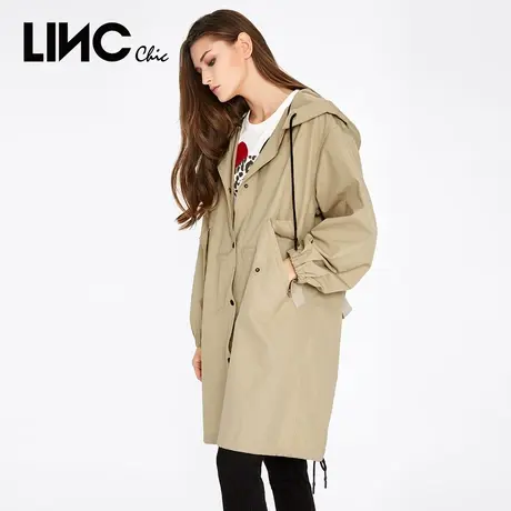 LINC金羽杰风衣外套女2023秋季新款英伦风连帽中长款女款风衣女装商品大图