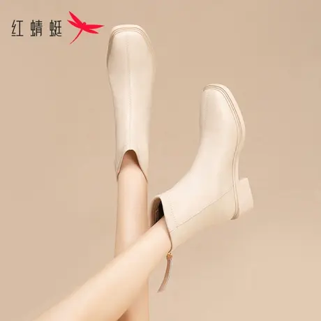 红蜻蜓白色短靴女鞋2023新款羊皮靴子女冬季加绒法式小踝靴瘦瘦靴图片