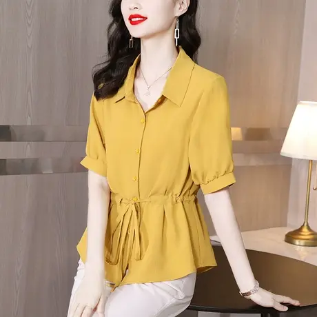短袖雪纺衬衫女夏季2023年新款上衣高级感漂亮时尚收腰小衫设计感图片