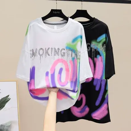 网红烫钻短袖T恤女中长款2023新款夏季宽松设计感炸街大版上衣潮图片