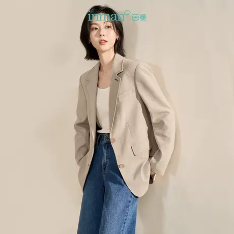 【商场同款】茵曼2023春女装新款复古时尚细格纹正肩修身西装外套图片