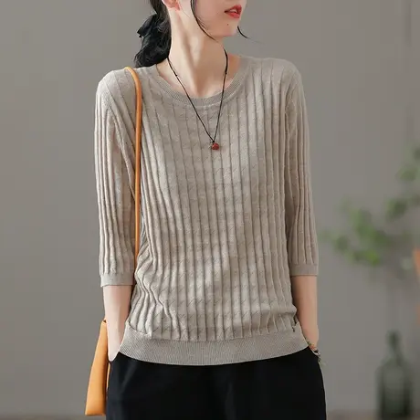 dza 复古竖条纹针织衫女士秋季新款宽松毛衣外套女士短款内搭上衣商品大图