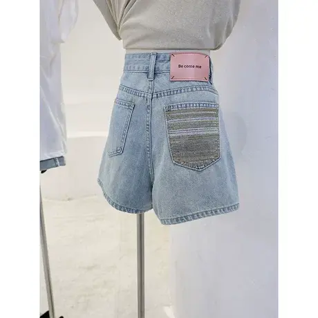 浅蓝色高腰牛仔短裤女夏季薄款小个子辣妹宽松显瘦a字阔腿热裤子图片