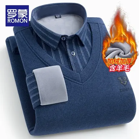 【加绒保暖+含羊毛】罗蒙男士假两件针织衫2023秋冬新款休闲毛衣商品大图