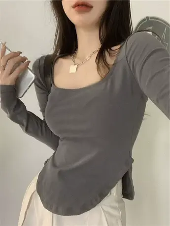 T恤女长袖2023早秋冬新款韩版U领露锁骨不规则下摆打底衫初秋上衣商品大图